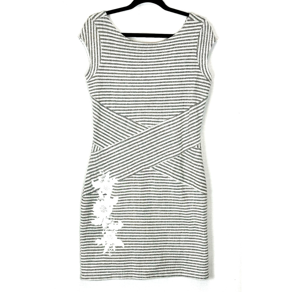 DESIGUAL Women's M Cap Sleeve Embroidered Preppy Athleisure Striped Midi Dress